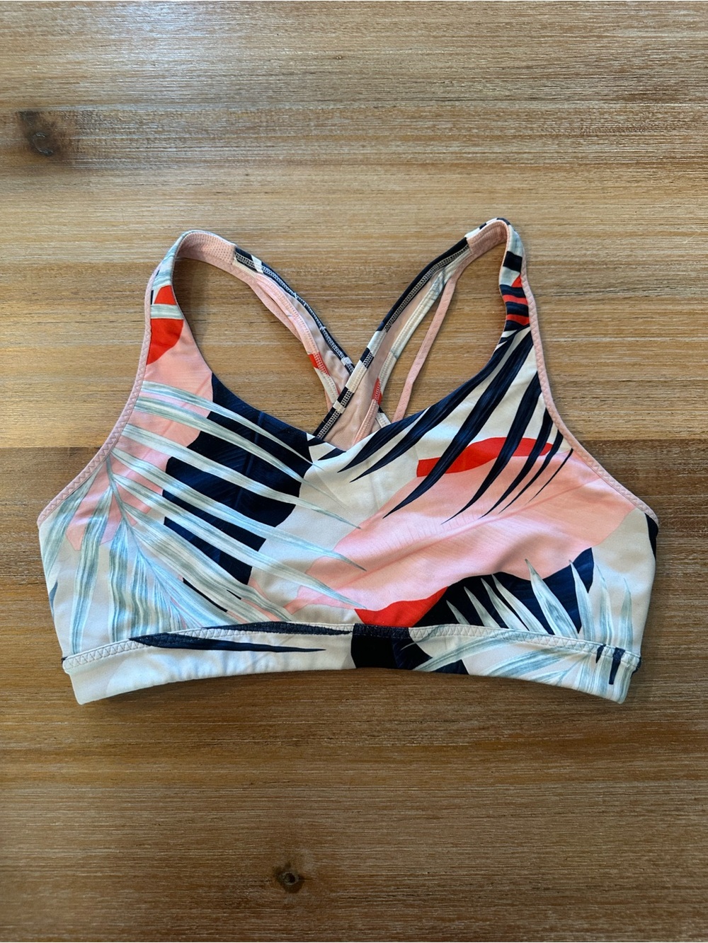 Athleta Coral Pink Navy Tropical Leaf Strappy Sports Bra